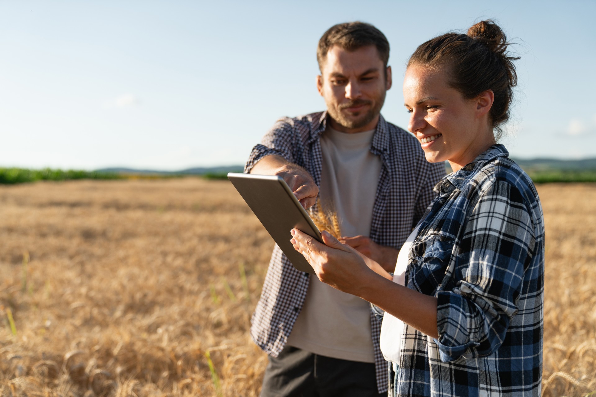 Couple of farmers examines the field of cereals and sends data to the cloud from the digital tablet